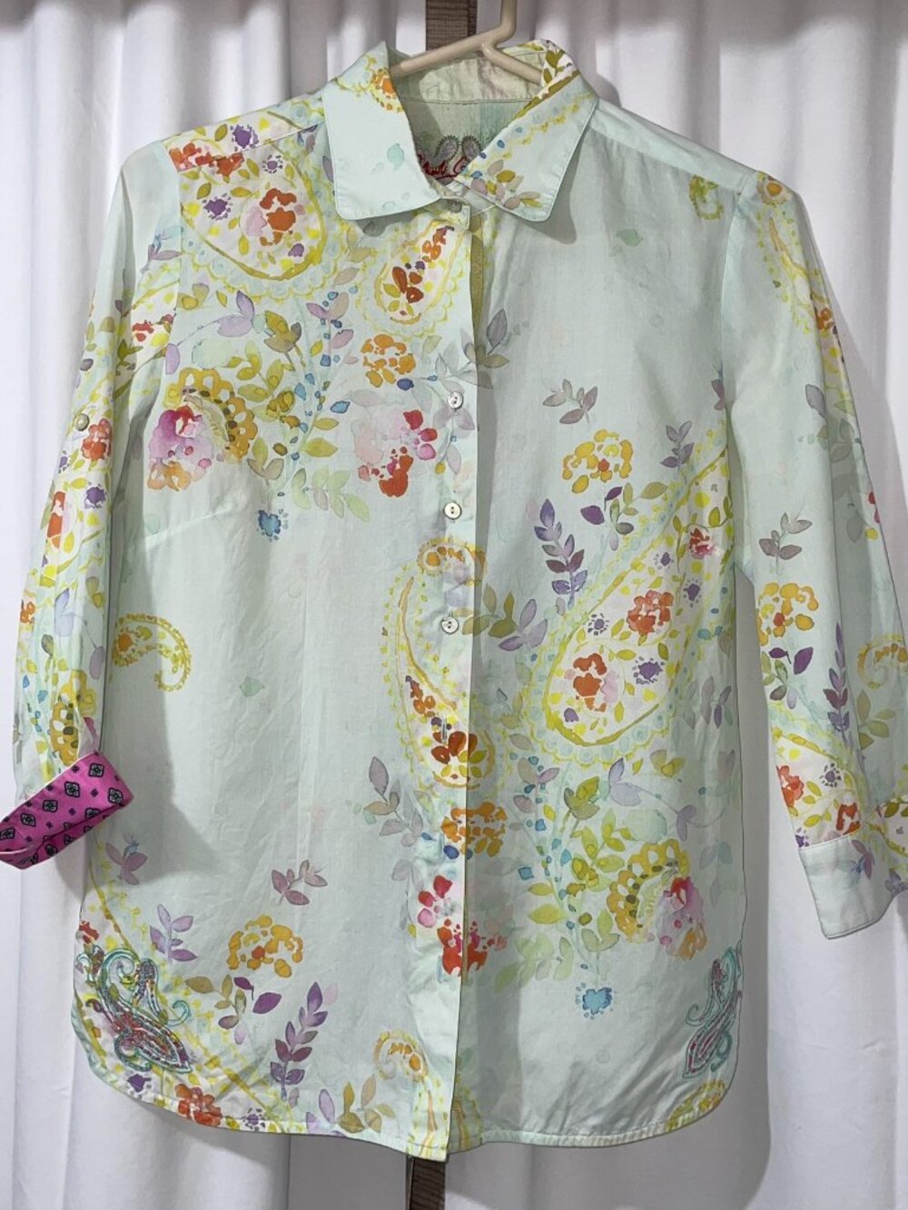 Robert Graham Vintage Teal Paisley Floral Cotton Blouse Silk Trim